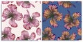 Vector set of seamless patterns with wonderful colorful hibiscus, hand-drawn in graphic and real-style at the same time