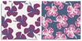 Vector set of seamless patterns with wonderful colorful hibiscus, hand-drawn in graphic and real-style at the same time