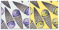 Vector set of seamless patterns with wonderful colorful ice cream, flavor of blueberry and lemon, hand-drawn in graphic and real-