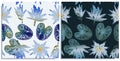 Vector set of seamless patterns with wonderful colorful lotus, hand-drawn in graphic and real-style at the same time