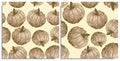 Vector set of seamless patterns with wonderful small white pumpkin in green dots, hand-drawn in graphic and real-style