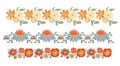 Vector set of seamless retro border with groovy flowers isolated from background. Collection of hippie frame with various flowers