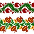 Vector set of seamless tape pattern with flowers and pomegranates, in ethnic national style of Uzbekistan.