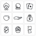 Vector Set of The Seer and Healer Icons. Grandma, Magic Ball, Tarot, Love, Divination palm, Wealth, Midwife, Healing