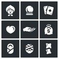 Vector Set of The Seer and Healer Icons. Grandma, Magic Ball, Tarot, Love, Divination palm, Wealth, Midwife, Healing