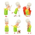Vector Set of senior women in a cartoon style isolated on a white background. Retirees' daily activities, routine