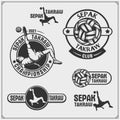 Vector set of Sepak Takraw and fitness emblems and labels