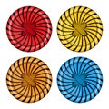 Vector set of sewing buttons red orange, blue and yellow colors with spiral background and sewing thread Royalty Free Stock Photo