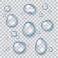 Vector set of shiny clear transparent water drops isolated on ch