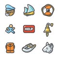 Vector Set of Shipwreck Icons. Captain, Ship, Rescue, Escape, Help, Distress, Tocsin, Life jacket, Evacuation, Rat. Royalty Free Stock Photo