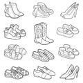 Vector set of shoes, colorless collection of cartoon clothes and accessories