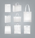 Vector set of shopping bags with handle made from white paper, plastic and canvas isolated on background Royalty Free Stock Photo