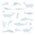 Vector set of silhouettes, blue shapes, icons, pictograms of marine animals, fishes, inhabitants.