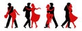 Vector set of silhouettes of couples dancing tango. Black silhouette of a man and red silhouette of a woman. Passionate girl and