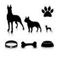 Vector set of silhouettes of dogs of different sizes and subjects. Feeder, bone, collar and a trace of foot.