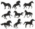 Vector set of silhouettes of horses in various poses.
