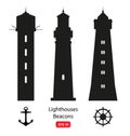 Vector set of silhouettes with lighthouses, beacons and marine symbols