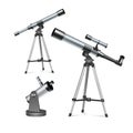 Vector set silver optical telescopes on stand and tripod, astronomical instruments isolated on background