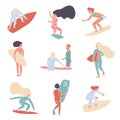 Vector set of simple abstract surfers faceless silhouettes. Surfing school logo banner. Girls and boys are surfing. Wave riders