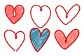 Vector set of simple asymmetrical line art Hearts. Simply colored Romantic Hearts.