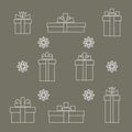 Vector set of Simple linear gift boxes and snowflake