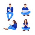 Vector set of sitting characters with smart phones and laptops