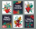 Vector set of six Christmas and New Year greeting cards with handwritten text, flowers, plants, holiday simbols Royalty Free Stock Photo