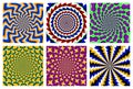 Vector set of six dynamic circular patterns. Eye-catching backgrounds with optical illusion as if they are moving