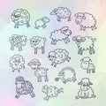 Vector set of sixteen cute sheep