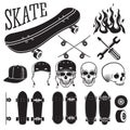 Vector set of skateboarding designer elements. Skates and flames, skull, helmet, cap.