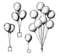 Vector set of Sketch Balloons. Different balloons. Inflatable balls on a string. Inflatable balloons with a card for