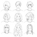 Vector Set of Sketch Female Faces Royalty Free Stock Photo