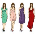 Vector Set of Sketch Female Fashion Models. Dress. Royalty Free Stock Photo