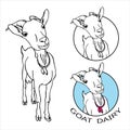 Vector set with a sketch goat and two logos on white background. Hand drawn outline illustration