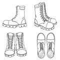 Vector Set of Sketch High Leather Army Boots. Side, Front and Top View Royalty Free Stock Photo