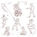 Vector set of sketch illustration of children. Girl in wheelchair active ball game with the boy, the child catches a Royalty Free Stock Photo