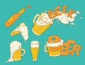 Vector set sketch illustration pint, tumbler and bottle of beer. Bubbles and foam pouring from mug. Drink ale in different glasswa