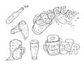 Vector set sketch illustration pint, tumbler and bottle of beer. Bubbles and foam pouring from mug. Drink ale in