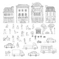 Vector set sketch illustration urban street in the historic European city, trucks and cars. Kit of outdoor plants and Royalty Free Stock Photo