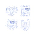 Vector set of sketch labels for dairy production business. Monochrome emblems with cow head, milk splashes, bottles and Royalty Free Stock Photo