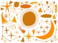 Vector set sketch naive hand drawn with space, star, cloud, sun, moon, comet. Doodle style. Elements for design Royalty Free Stock Photo