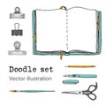 Vector Set of Sketch Notebooks, Notepads and Diaries. Office stuff. Doodle stationery, pen, pencil, scissors. Color hand drawn ill