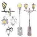 Vector Set of Sketch Street Lights and Fixtures Royalty Free Stock Photo