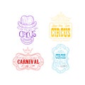 Vector set of sketch style emblems for circus and Mardi Gras carnival. Hand drawn signs in different colors. Original