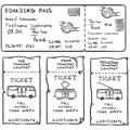 Vector Set of Sketch Tickets for Plane, Bus, Tram and Trolley Bus Royalty Free Stock Photo