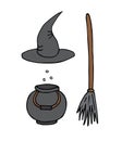 Vector set of sketch witch hat bowl and broom