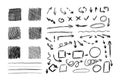 Vector Set of Sketched Design Elements, Hatch Drawing Textured Squares, Arrows, Scribble Lines, Different Geometric Shapes.