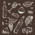 Vector set of sketches beverage and food on a dark background. Wine bottle, wineglass, fruit, piece, the branches the