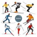 Vector set of skiers. People skiing design elements isolated on white background. Winter sport silhouettes in different Royalty Free Stock Photo