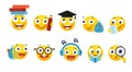 Vector set of smileys for school and education. Round yellow emoticons with different emotions, back to school. Student with a